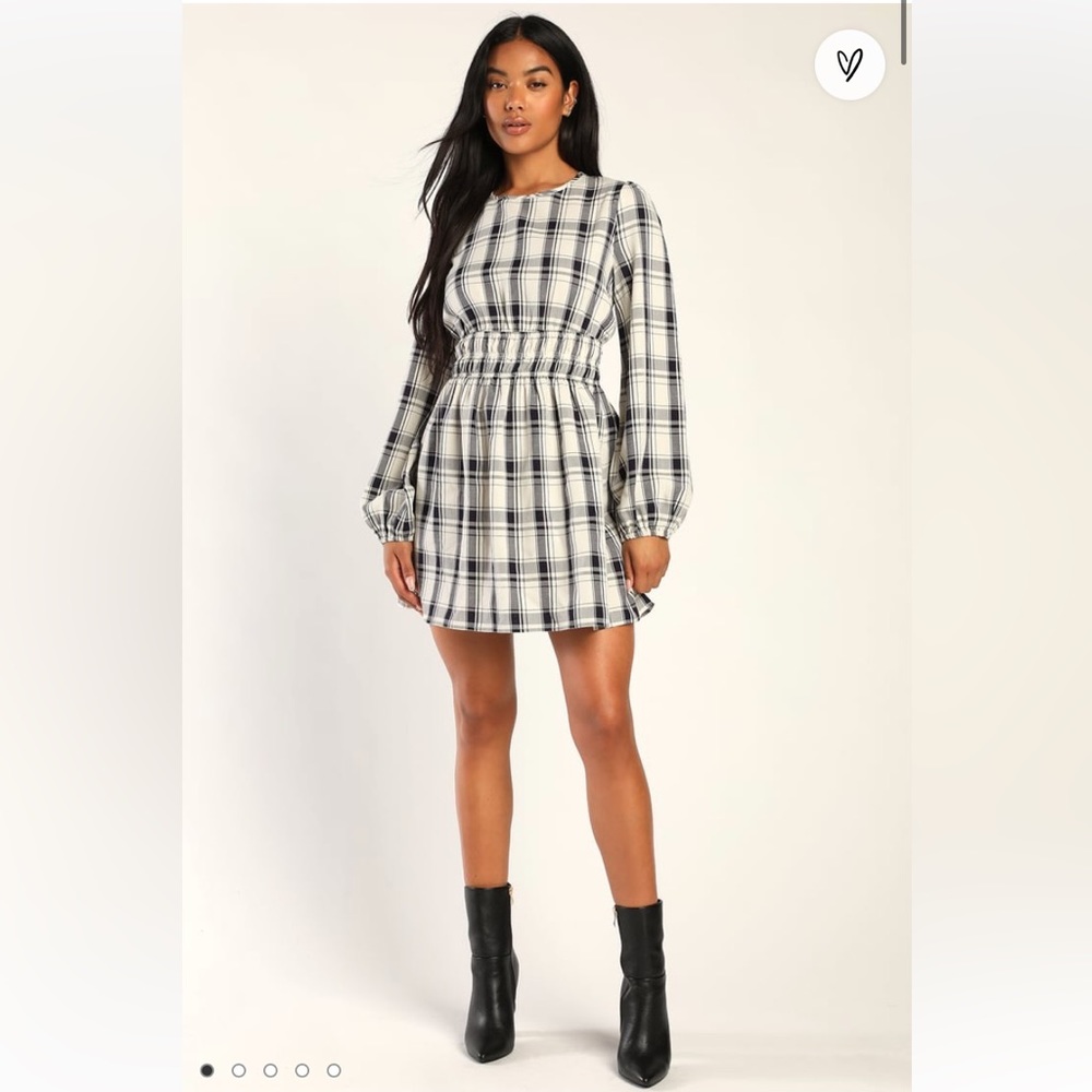 🤍Lulu’s Tad of Plaid Ivory Plaid Balloon Sleeve Mini Dress